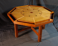 Rare L. & J. G. Stickley octagonal game table with ebony, mahogany, walnut & maple inlays.  Signed.